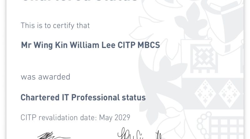 William Lee Chartered IT Professional CITP certificate awarded in June 2026