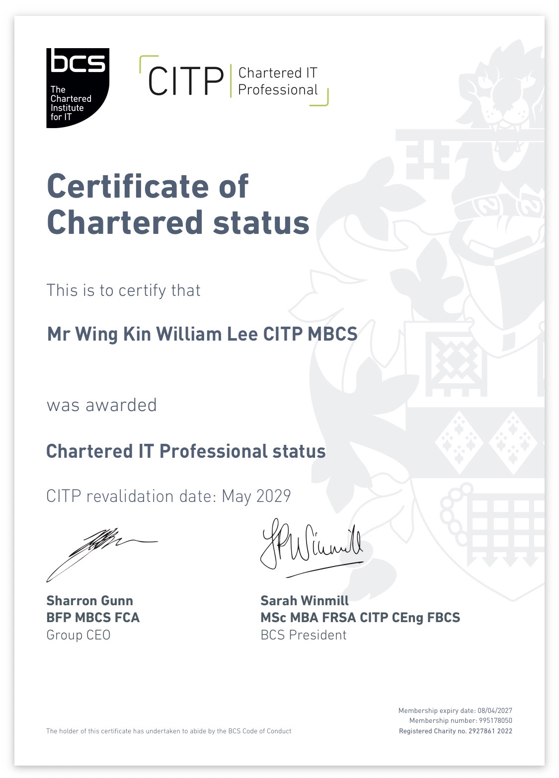 William Lee Chartered IT Professional CITP certificate awarded in June 2026
